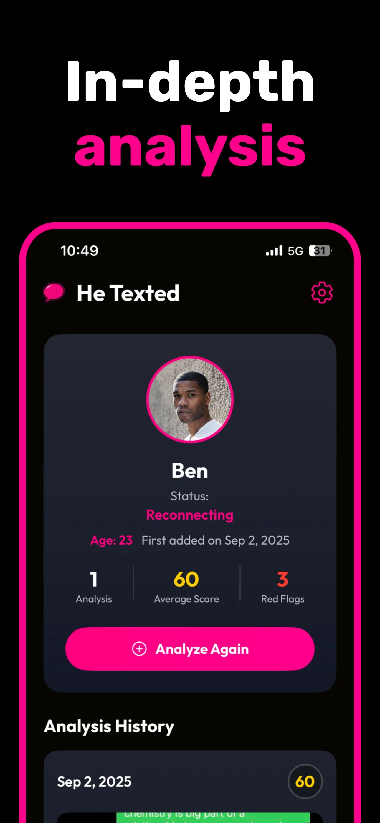 In-depth analysis: a guy's profile with his status, average score and red flags